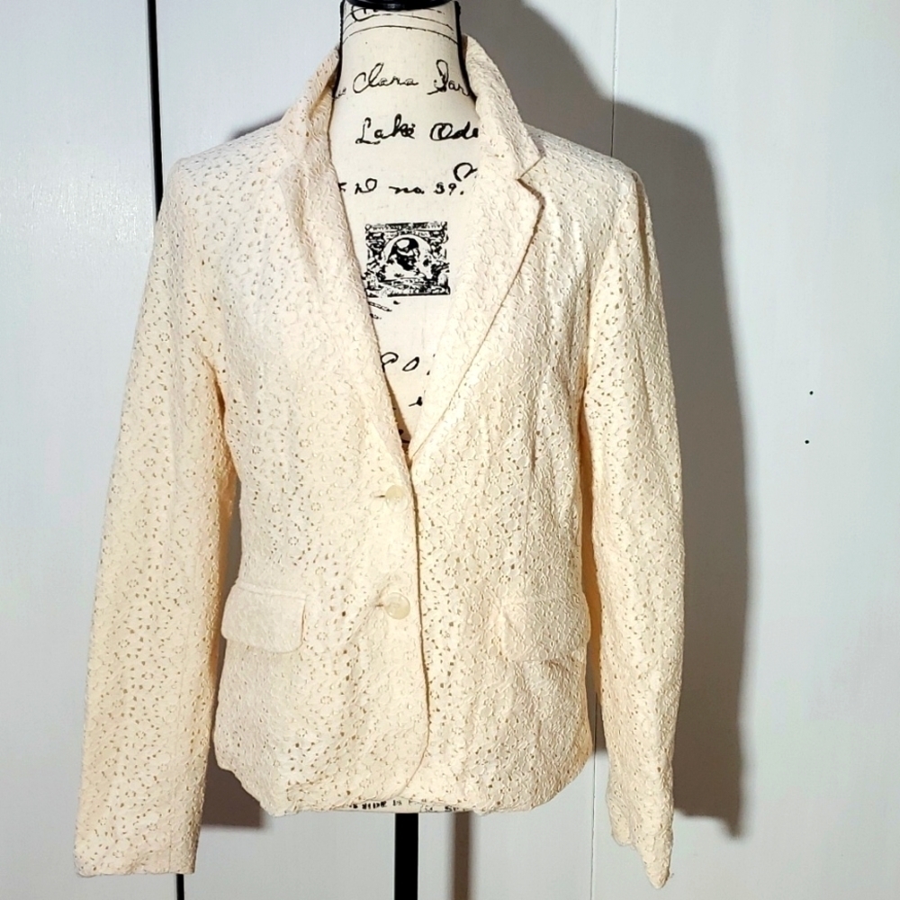 Kenar| Womens Cream Eyelet Crochet Blazer Careerwear Office Coat Neutral Sz.M